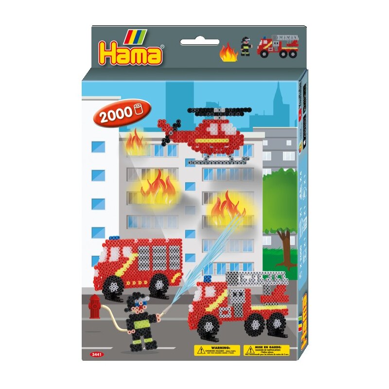 Hama - set de 2000 buc margele de calcat midi cu 1 planseta in cutie de cadou cu agatator pompierii