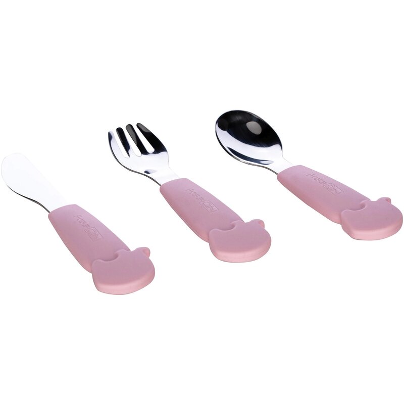 Set de 3 tacamuri din inox inoxidabil, Cu manere din silicon fara BPA, 6 luni +, Elephant, Conform cu standardul european de securitate EN14372:2004, FreeON, Pink