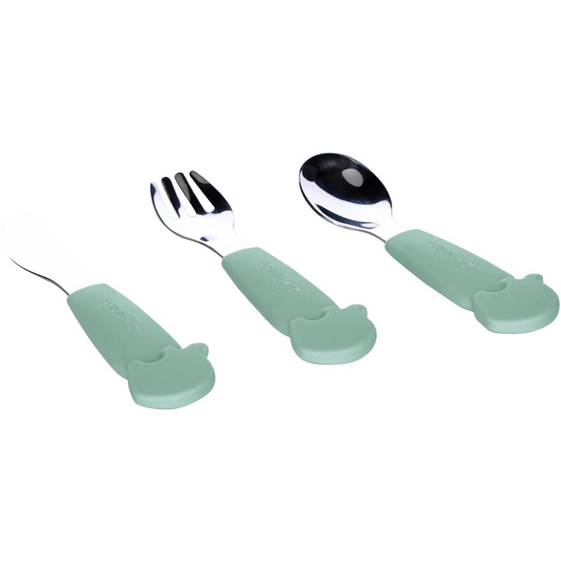 Set de 3 tacamuri din inox inoxidabil, Cu manere din silicon fara BPA, 6 luni+, Elephant, Conform cu standardul european de securitate EN14372:2004, FreeON, Mint