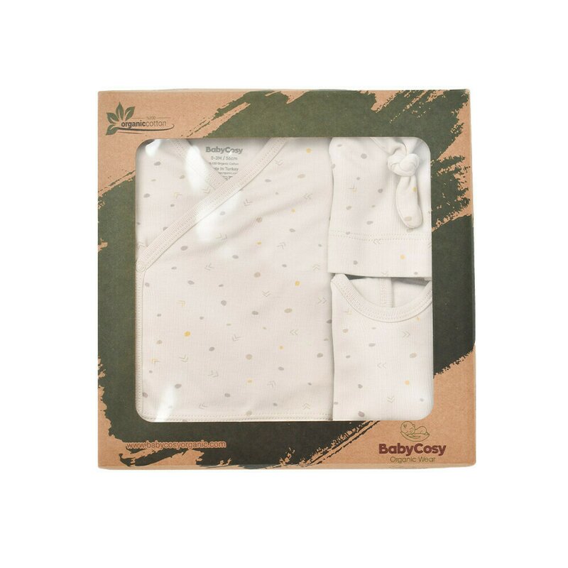 Babycosy - Set de 5 piese pentru nou nascut - 100% bumbac organic - Crem cu buline, Baby Cosy