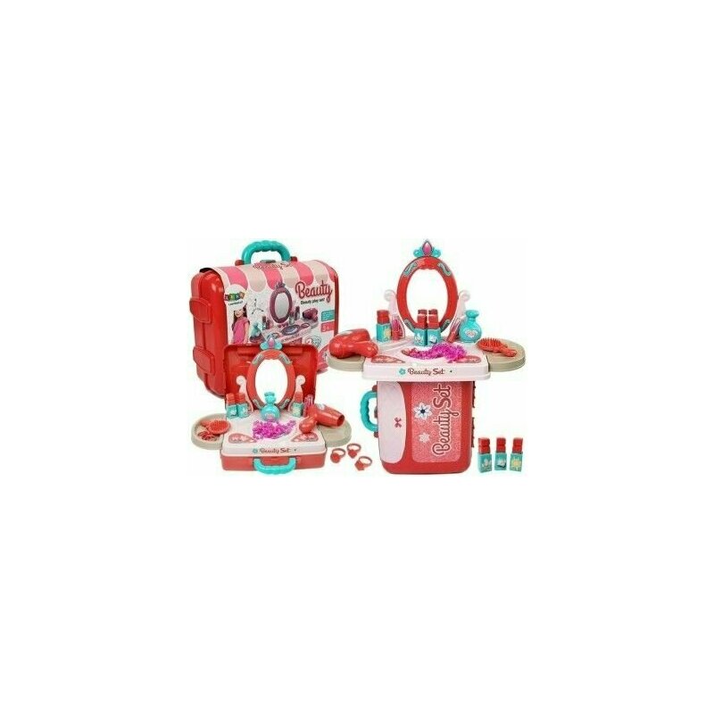 Leantoys - set de frumuseste cu accesorii, masa de toaleta pentru fetite intr-o servieta rosie, , 7374