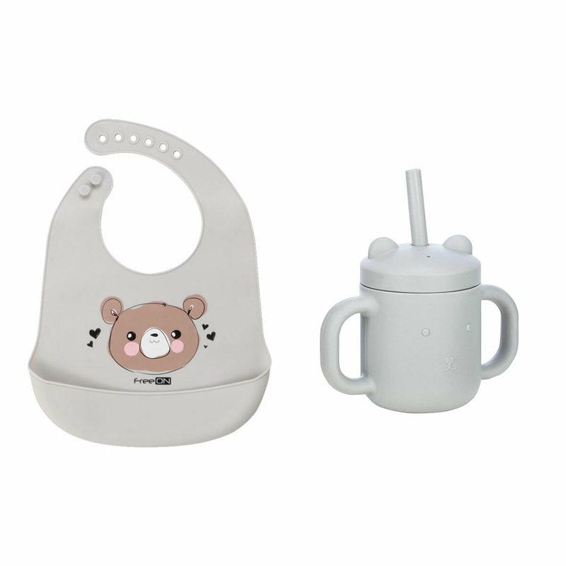 Set de hranire cu 2 piese, cana din silicon fara bpa, cu manere, cu pai, 6 luni+ si baveta moale, din silicon, bpa free, cu buzunar, freeon, bear grey/grey