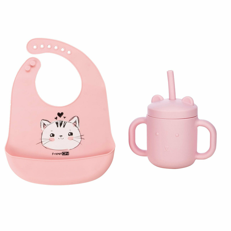 Set de hranire cu 2 piese, cana din silicon fara bpa, cu manere, cu pai, 6 luni+ si baveta moale, din silicon, bpa free, cu buzunar, freeon, cat pink/pink