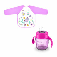 Set de hranire cu 2 piese, Canuta Philips Avent cu tetina de formare, 6 luni+, 200 ml, Roz si baveta impermeabila cu maneci, Bird