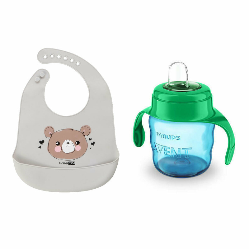 Set de hranire cu 2 piese, Canuta Philips Avent cu tetina de formare, 6 luni+, 200 ml, Verde si baveta moale, Din silicon, BPA Free, Cu buzunar, FreeON, Bear Grey