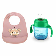Set de hranire cu 2 piese, Canuta Philips Avent cu tetina de formare, 6 luni+, 200 ml, Verde si baveta moale, Din silicon, BPA Free, Cu buzunar, FreeON, Puppy Brown
