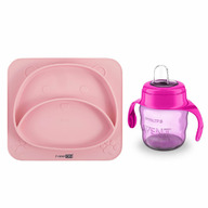 Set de hranire cu 2 piese, Farfurie compartimentata din silicon fara BPA, FreeON si canuta Philips Avent cu tetina de formare, 6 luni+, 200 ml, Teddy Bear Pink/Roz
