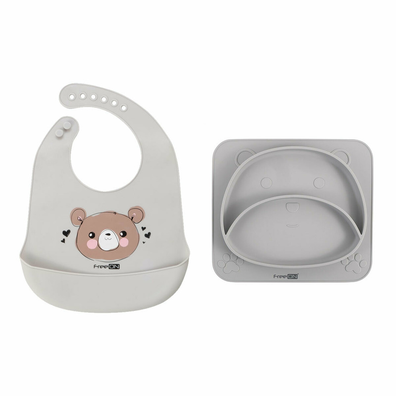 Set de hranire cu 2 piese, Farfurie compartimentata din silicon fara BPA si baveta moale, Din silicon, BPA Free, Cu buzunar, FreeON, Bear Grey/Teddy Bear Grey