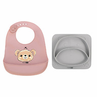Set de hranire cu 2 piese, Farfurie compartimentata din silicon fara BPA si baveta moale, Din silicon, BPA Free, Cu buzunar, FreeON, Puppy Brown/Teddy Bear Grey