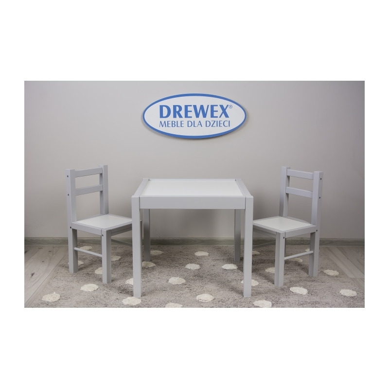 Set de masa cu doua scaune pentru copii Drewex - Alb cu gri