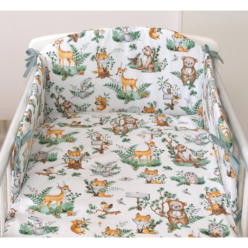 Amy - Set lenjerie din bumbac cu protectie laterala pentru pat bebe 120 x 60 cm, Animalute de padure,