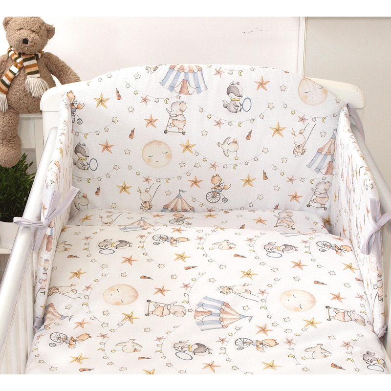 Set lenjerie din bumbac cu protectie laterala pentru pat bebe 120 x 60 cm, Circ Blue, Amy