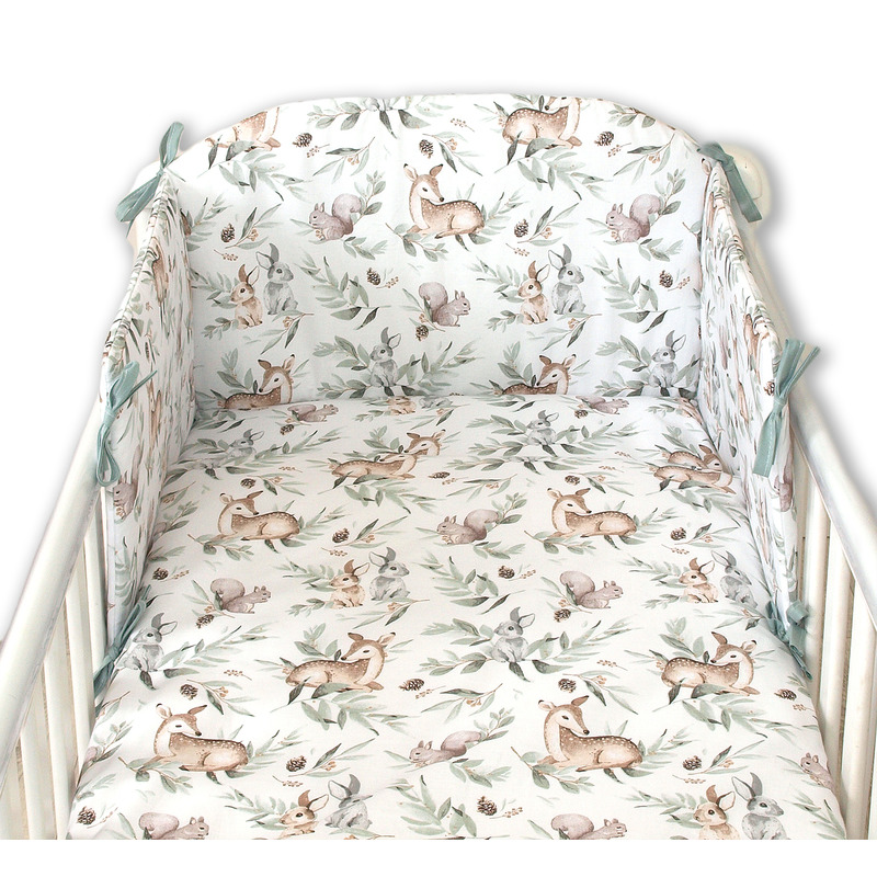 Set lenjerie din bumbac cu protectie laterala pentru pat bebe 120 x 60 cm, Forest, Amy