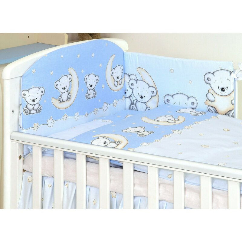 Set lenjerie din bumbac cu protectie laterala pentru pat bebe 120 x 60 cm, Ursulet pe luna Albastru, Amy