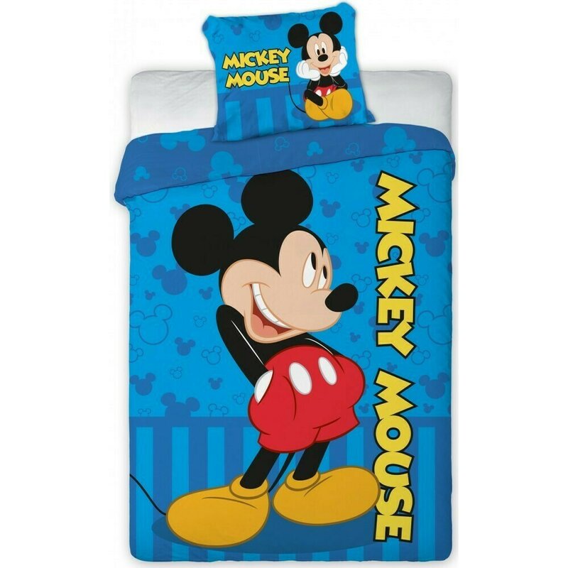 SunCity - Lenjerie 2 piese Cu fata de perna 60x40 cm Mickey Mouse din Bumbac, 135x100 cm, Albastru