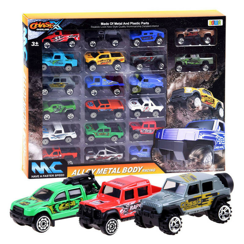 Set masinute metalice off-road, diverse culori, 20 de piese