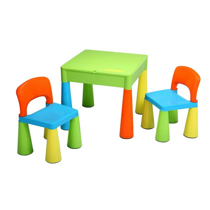Set masuta si doua scaune pentru copii, Multicolor, Cu parte detasabila si reversibila, Partea reversibila pentru Lego Duplo, New Baby