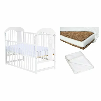 Set Patut din lemn bebe Qmini, Julia II cu laterala culisanta, 120x60 cm, Alb + Saltea patut bebe, Cocos Confort II, Cu fibre de cocos si strat de burete, 120x60x10 cm + Protectie impermeabila, Pentru patuturi 120x60 cm, Alb