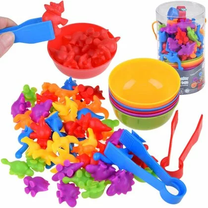 Set pentru sortat, Cu dinozauri din plastic si boluri colorate, Multicolor