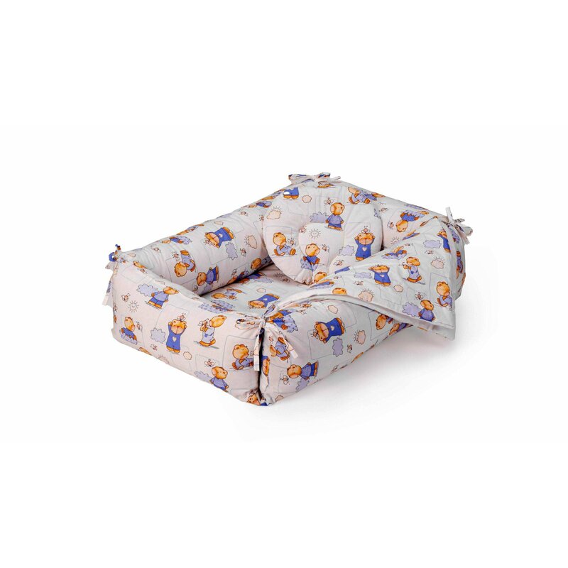 Somnart - set reductor bebe nest + paturica + pernuta pentru formarea capului bebelusului , model ursuleti, alb/albastru