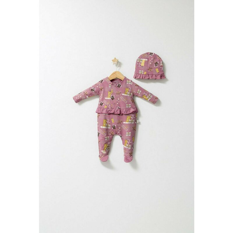 Tongs baby - Set salopeta cu caciulita cu volanas pentru bebelusi Fun Penguin, (Culoare: Gri, Marime: 3-6 Luni)
