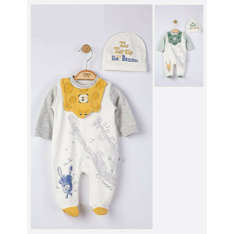 Tongs baby - set salopeta cu caciulita si baveta pentru bebelusi broscuta, (culoare: galben, marime: 6-9 luni)