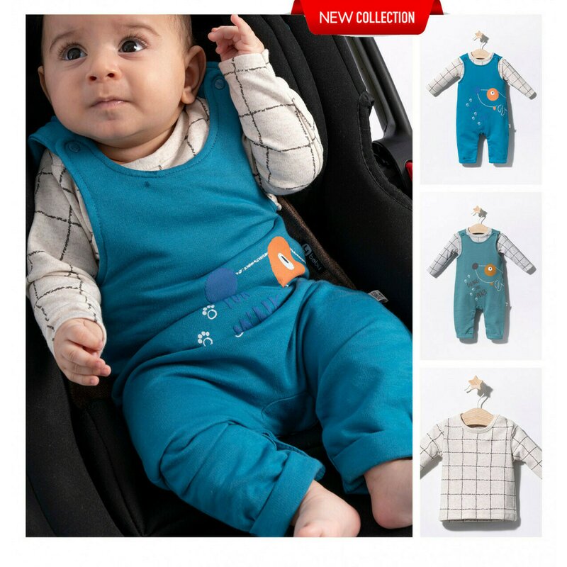 Tongs baby - set salopeta cu catelusi si bluzita pentru bebelusi, (culoare: albastru, marime: 9-12 luni)