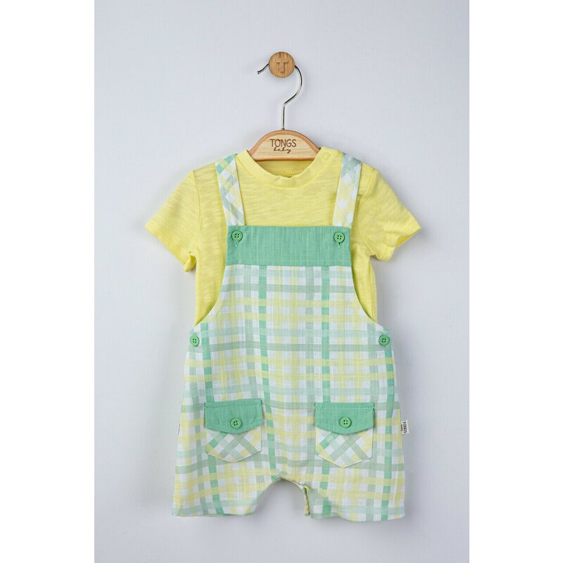 Tongs baby - Set salopeta cu tricou in carouri pentru bebelusi, (Culoare: Galben, Marime: 6-9 luni)