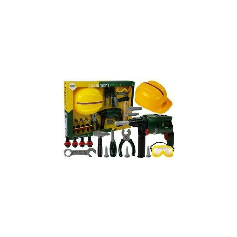 Leantoys - set scule de joaca pentru copii, bormasina cu burghiu, casca si accesorii, , 7569