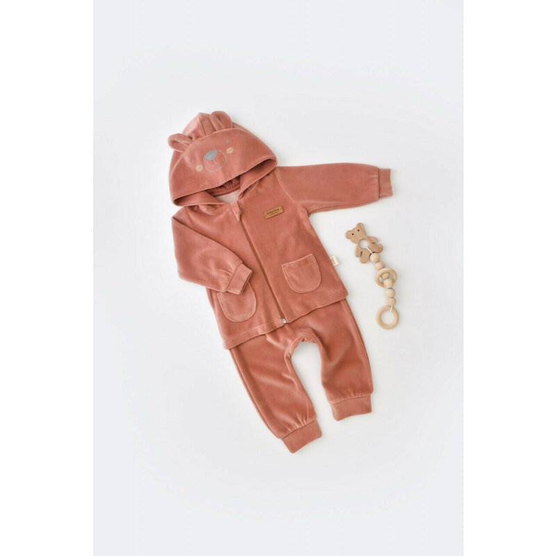 Babycosy - Set Ursulet cu bluzita cu fermoar si gluga si panataloni lungi din 80%bumbac organic si 20% poliester - Caramiziu, Baby Cosy (Marime: 12-18 Luni)
