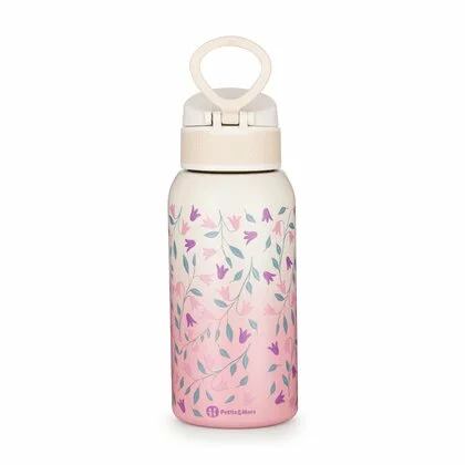 Sticla termos lichide, Petite&Mars, Delicate Flowers, Cu cioc, Din otel inoxidabil, Cu mentinere de temperatura calda pana la 12 h, Rece pana la 24 h, 500 ml, Fara BPA, Cu maner de transport, 3 ani+, Roz