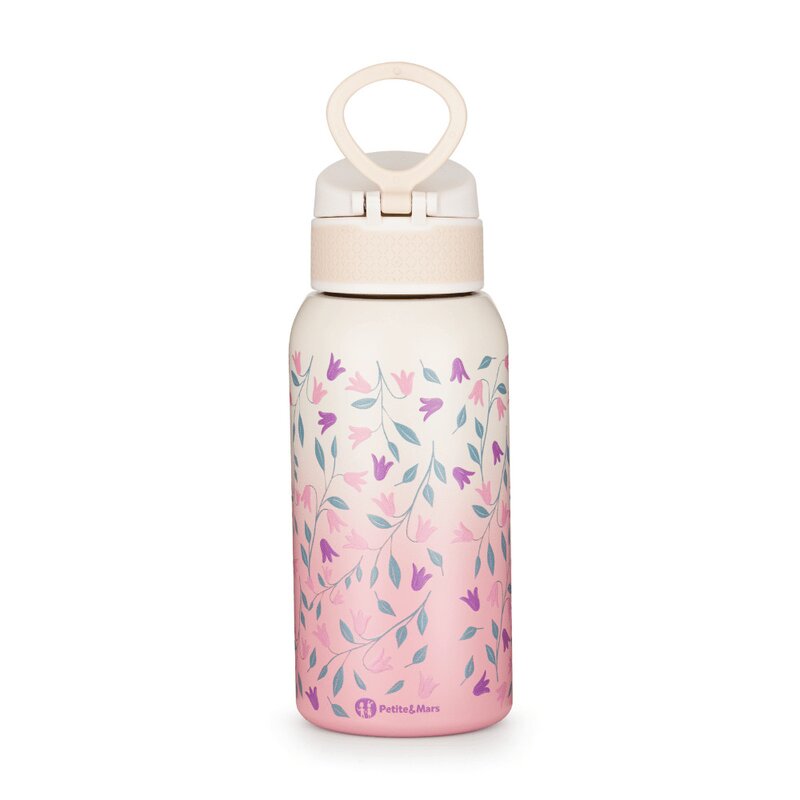 Sticla termos lichide, Petite&Mars, Delicate Flowers, Cu cioc, Din otel inoxidabil, Cu mentinere de temperatura calda pana la 12 h, Rece pana la 24 h, 500 ml, Fara BPA, Cu maner de transport, 3 ani+, Roz