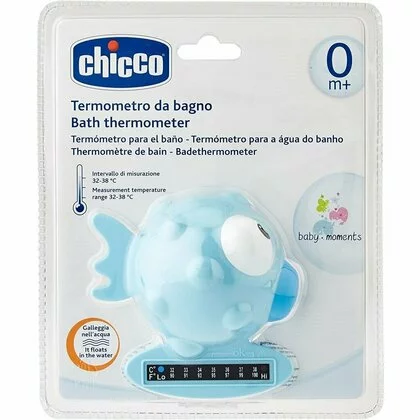Termometru de baie pestisor, Chicco, Cu banda termosensibila, Plutitor, Interval masurare 32-40 grade Celsius, Utilizabil si ca jucarie de baie, 0 luni+, Albastru