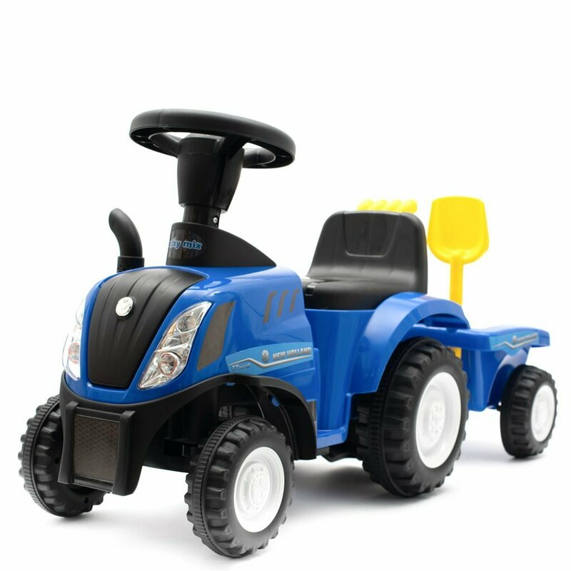 Tractor, Baby Mix, New Holland, Cu remorca detasabila, Cu sunete si claxon, Include lopata si grebla, Pana la 25 kg, 12-36 luni, Blue