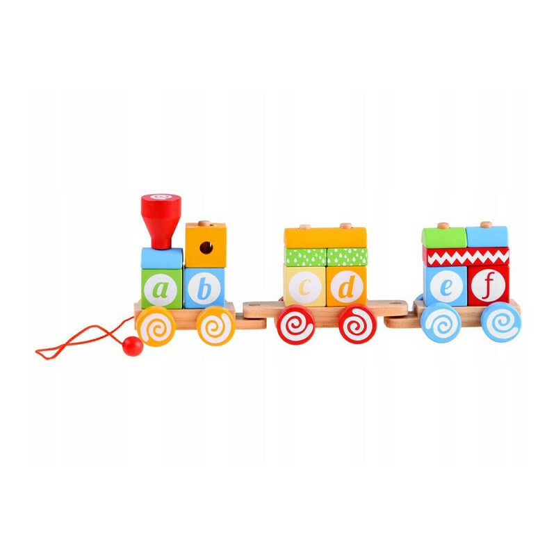 Trenulet din lemn, cu 14 forme greometrice, litere, multicolor