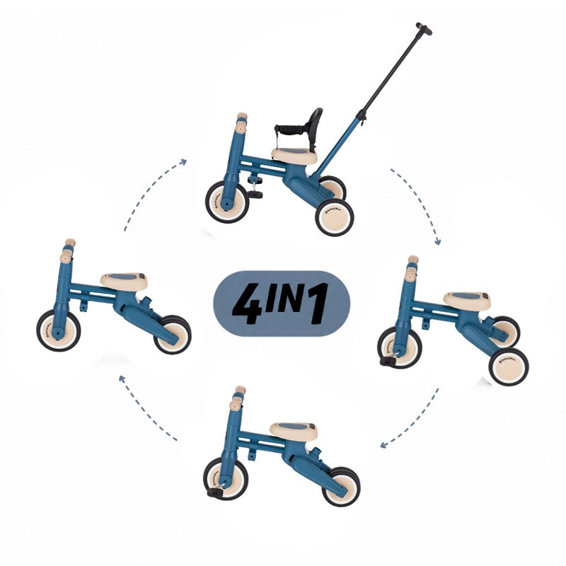 Tricicleta multifunctionala, Petite&Mars, Drift, 4 in 1, Vehicul de impins, Bicicleta, Cu maner detasabil si reglabil, Sezut ergonomic, Roti din cauciuc, Pana la 25 kg, 1.5-5 ani, Ocean Blue