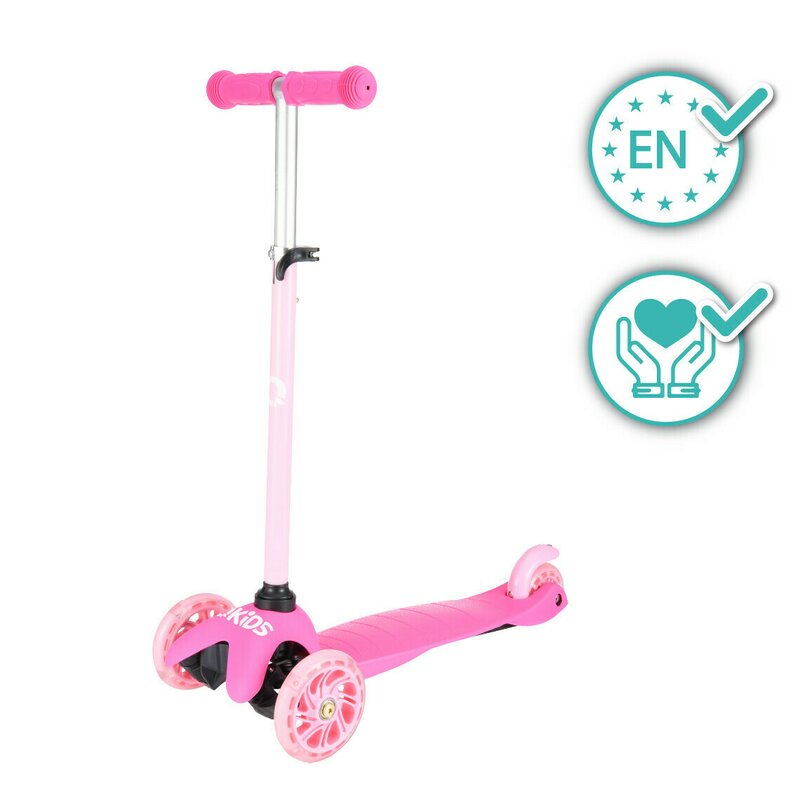 Trotineta cu 3 roti, qkids, lumis pink, ghidon reglabil pe 3 trepte, flexbrake, rulmenti abec-7, platforma anti-alunecare, pliabil, sarcina maxima 25 kg