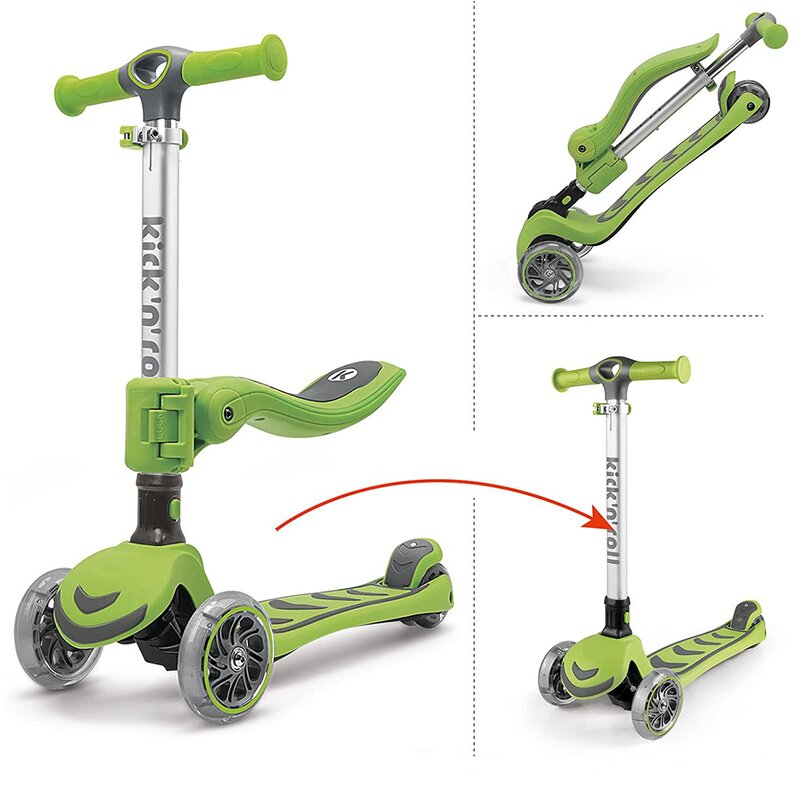 Trotineta cu sezut pliabila 2 in 1, transformabila, cu roti luminoase, reglabila in inaltime, kick`n`roll, 1.5 ani-12 ani, green