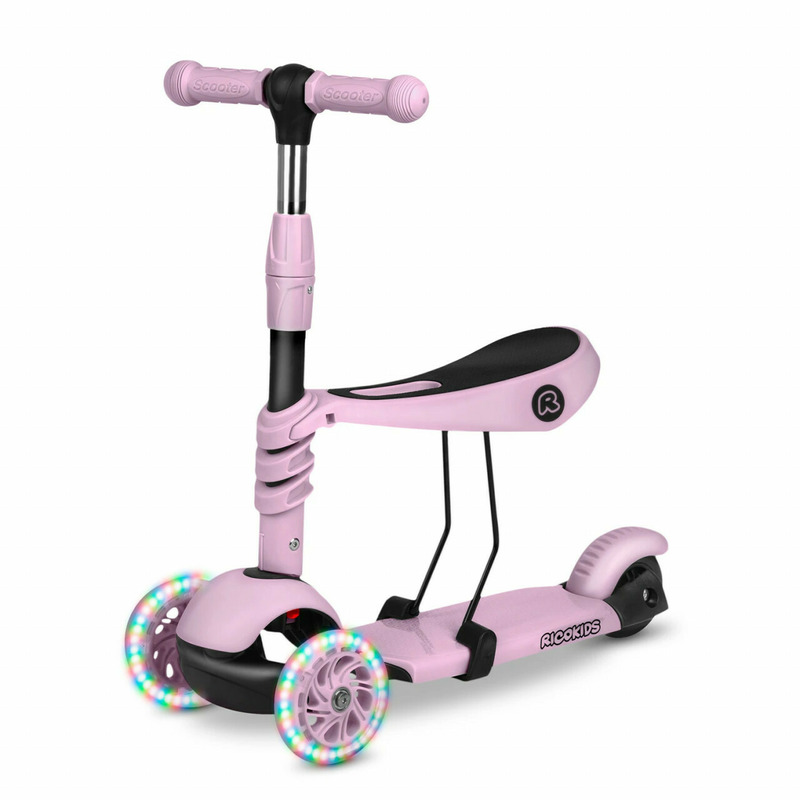Trotineta de echilibru, cu scaun reglabil, detasabil, pentru copii, ricokids, cubi, cu 3 roti, lumini led, ghidon reglabil, pana la 30 kg, roz deschis