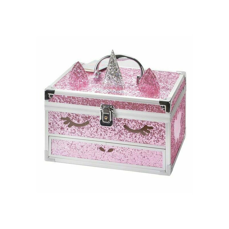Trusa metalica cu accesorii pentru machiaj si unghii, unicorn big glitter case, fetite, martinelia