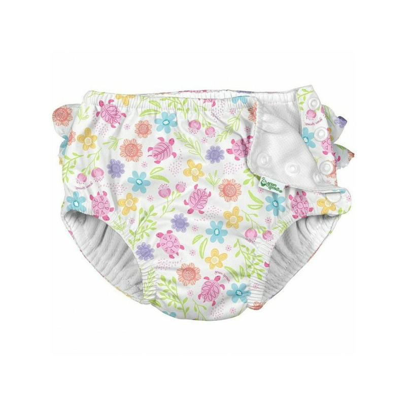 White turtle floral 4t - slip fete spf 50+ refolosibil, cu capse si volanase - green sprouts by iplay