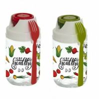 Borcan din sticla pentru salata cu furculita si recipient pentru sos, decorat cu legume/fructe 660 ml