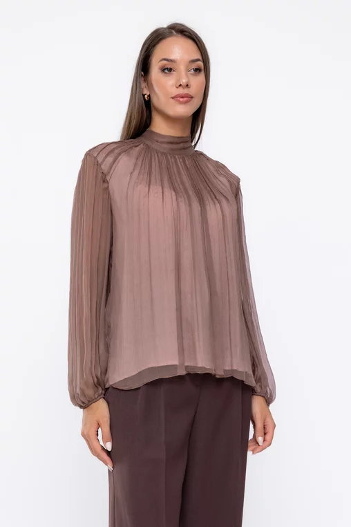 Bluză Caramel elegantă mătase naturală cu creți decorativi mocha B4537 thumbnail picture - 