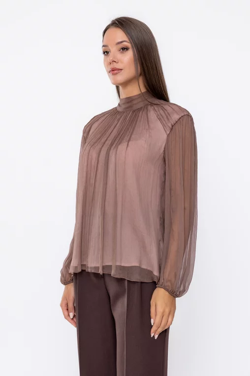Bluză Caramel elegantă mătase naturală cu creți decorativi mocha B4537 thumbnail picture - 