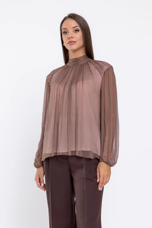 Bluză Caramel elegantă mătase naturală cu creți decorativi mocha B4537 thumbnail picture - 