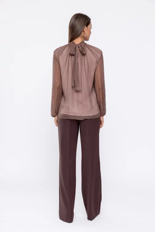 Bluză Caramel elegantă mătase naturală cu creți decorativi mocha B4537 thumbnail picture - 