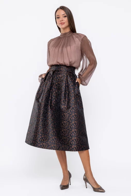 Bluză Caramel elegantă mătase naturală cu creți decorativi mocha B4537 thumbnail picture - 