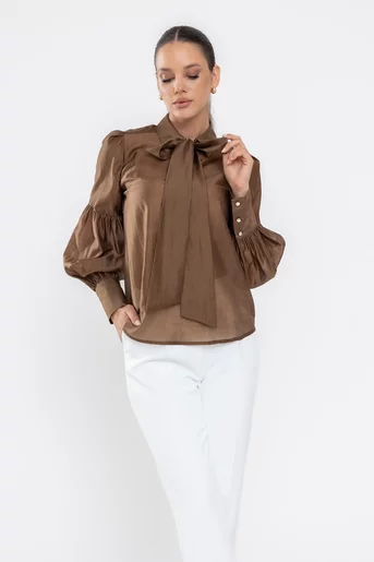 Bluză cu mâneci bufante și eșarfă maro B4534