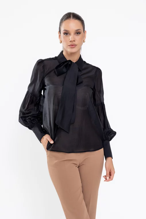 Bluză cu mâneci bufante și eșarfă neagră B4534 thumbnail picture - 