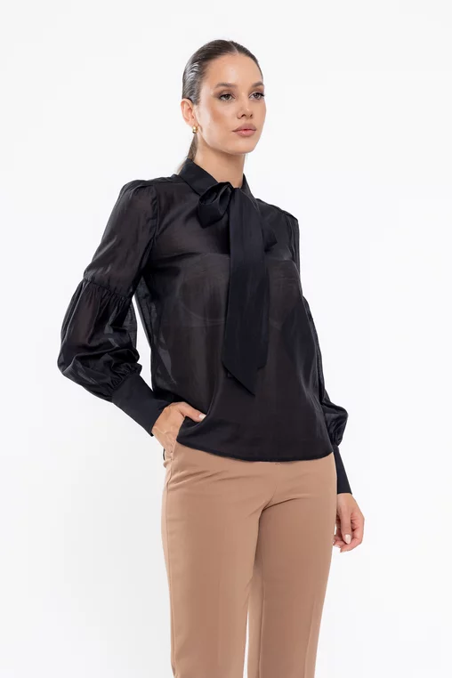 Bluză cu mâneci bufante și eșarfă neagră B4534 thumbnail picture - 